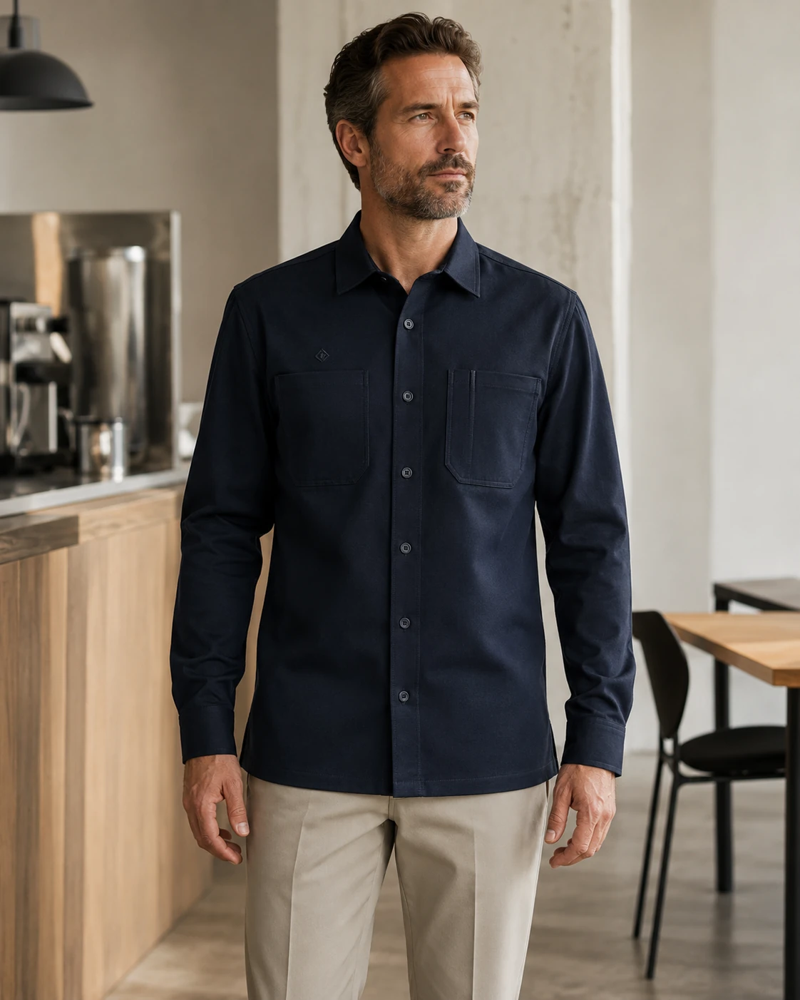 Man wearing a navy work shirt in a hospitality workspace
