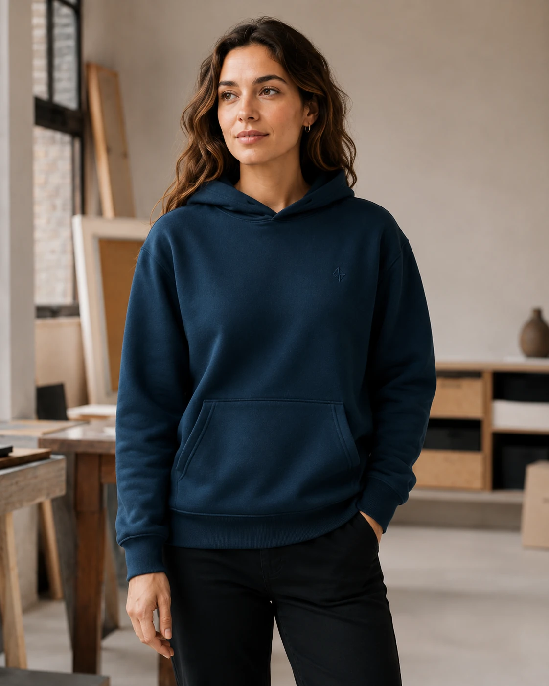 Woman wearing a navy custom hoodie in a workshop