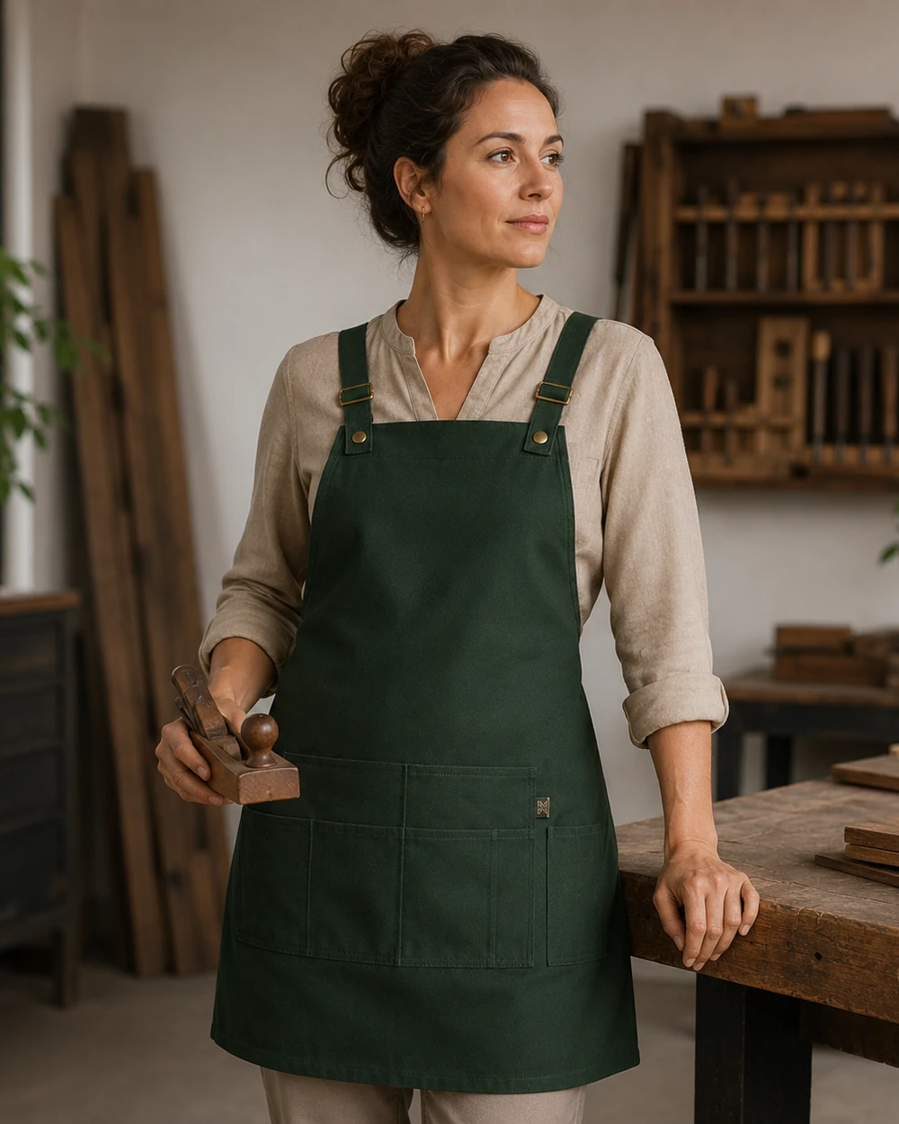 Woman wearing a green cross-back apron in a workshop
