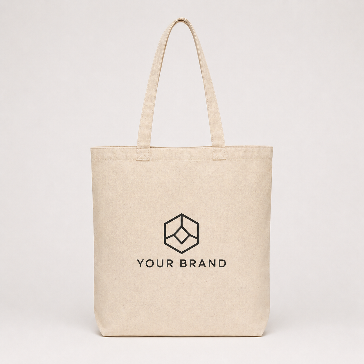 Natural cotton canvas tote bag with a generic geometric mark and Your Brand placeholder print