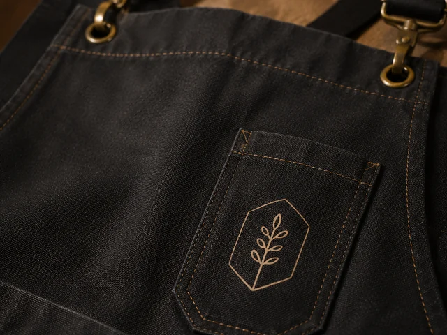 Close-up of the bib and front pocket used as branding areas