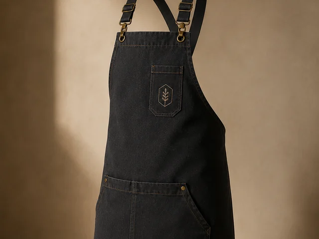 Three-quarter view of the apron straps, hardware and pocket construction