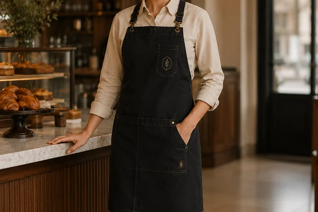 Custom Bib Apron worn in a café, showing the front coverage